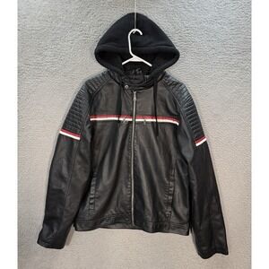 Hard Edge Jacket Adult XL Black Faux Leather Motorcycle Biker Hooded Moto Y2K